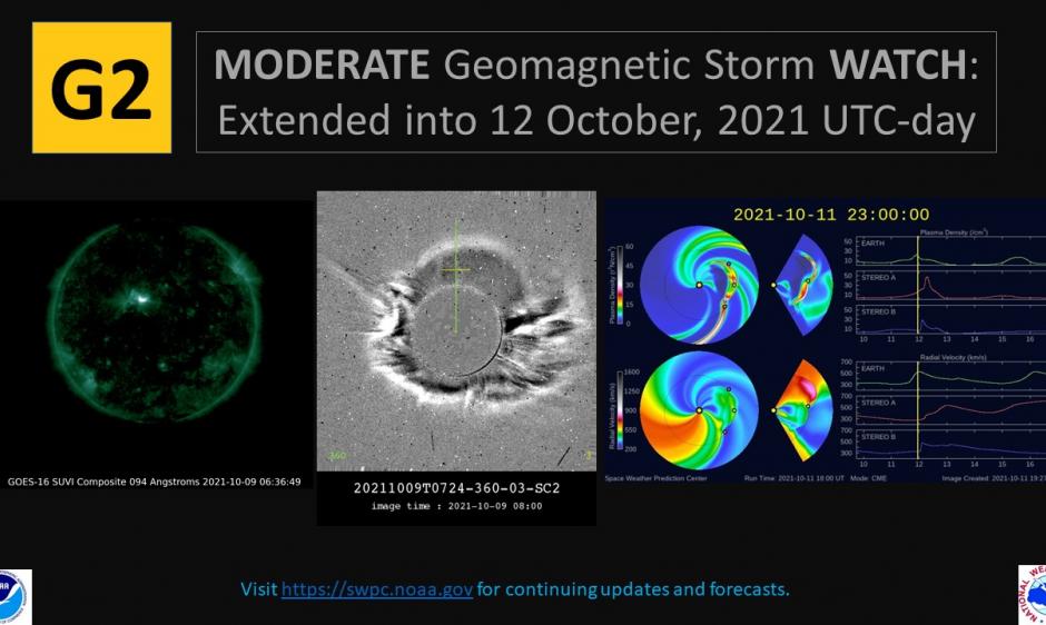 G2 (Moderate) Storm Watch Extended into 12 Oct, 2021 NOAA